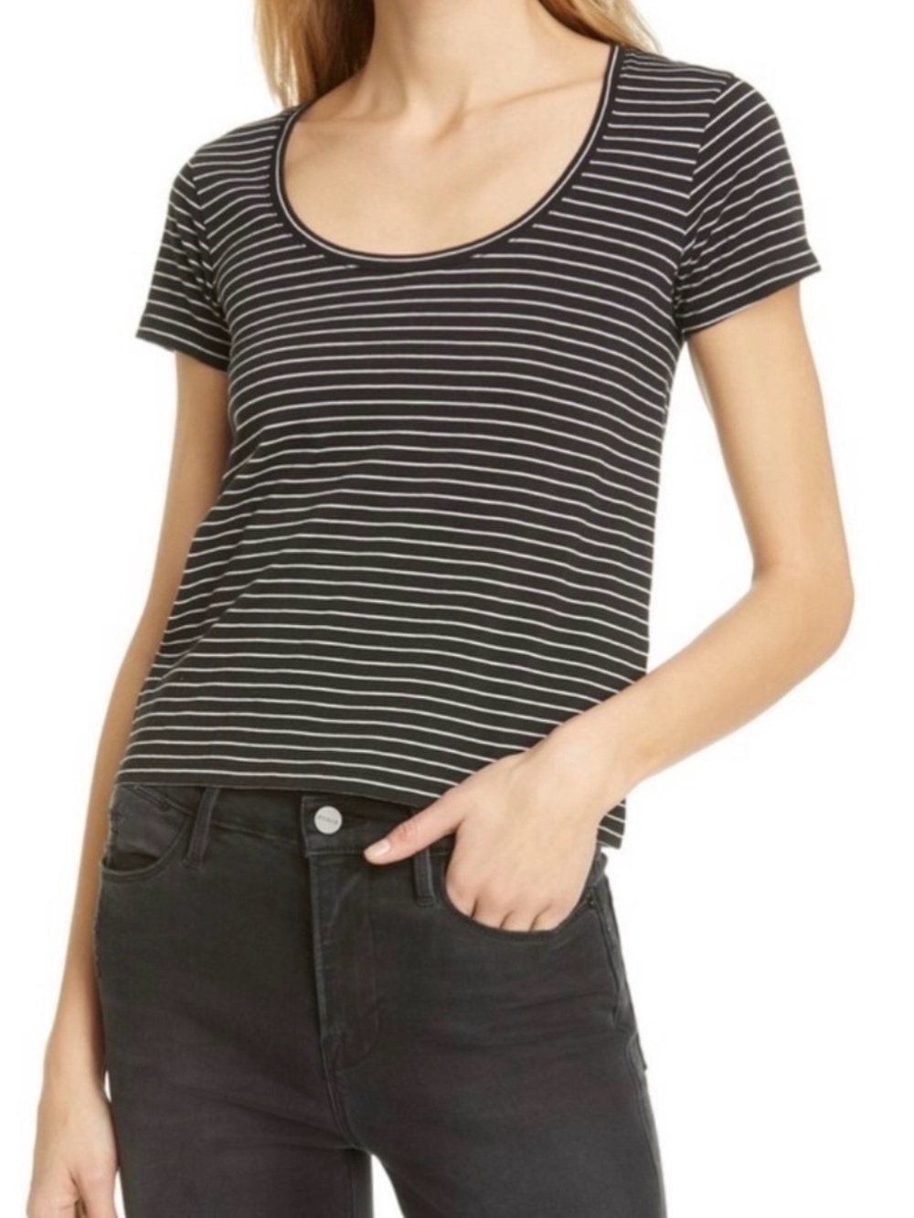 FRAME Le High Rise Scoop Neck Striped Baby Tee Cotton Black White Sz Small